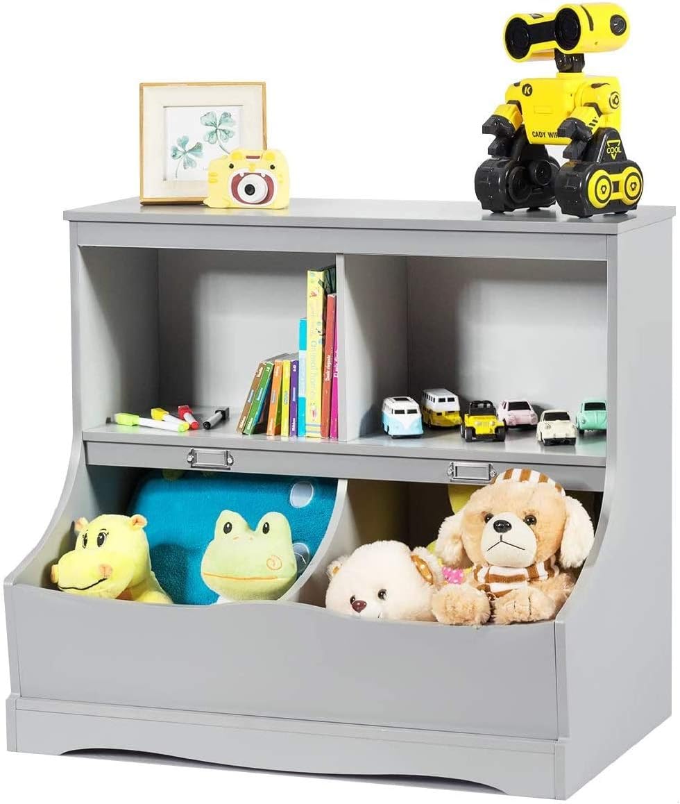 Gray 4-Cubby Kids Bookcase with Footboard C319