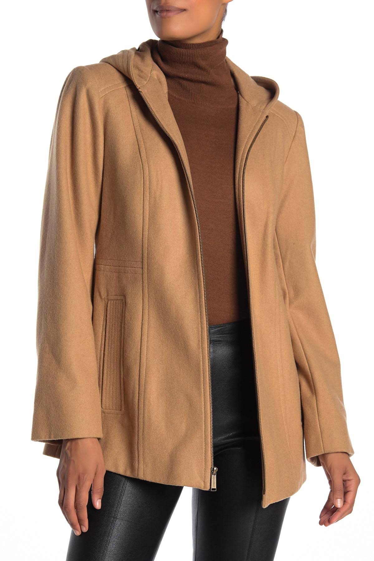 Camel Wool Blend Hooded Zip Front Coat K686321
