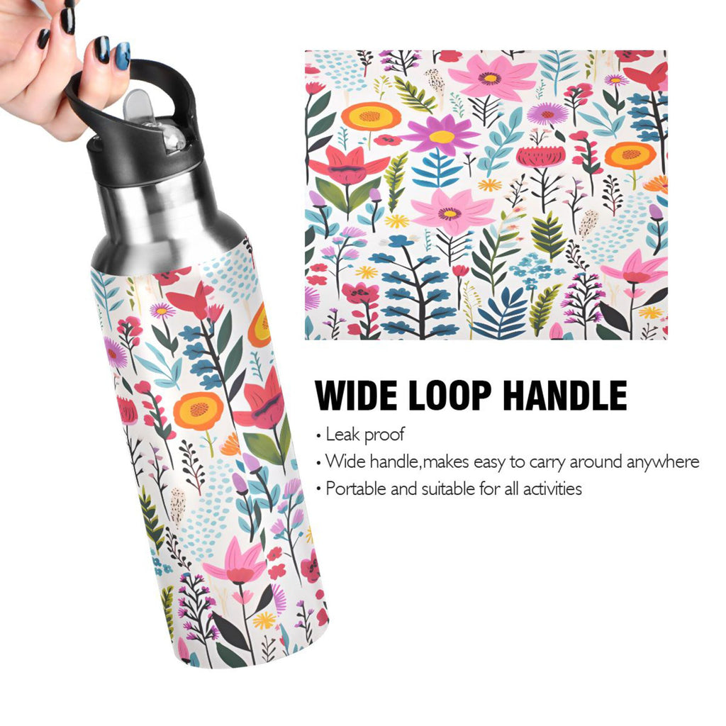 Pink Blue Flowers Stainless Steel Insulated Water Bottle with Straw Lid G1799