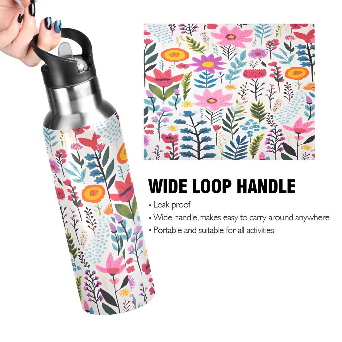 Pink Blue Flowers Stainless Steel Insulated Water Bottle with Straw Lid G1799