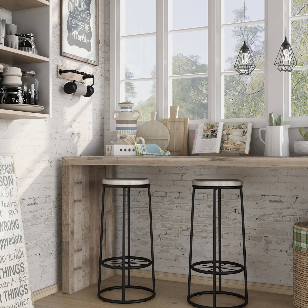 Rustic Metal Barstools Set of 2 Coastal White D562616