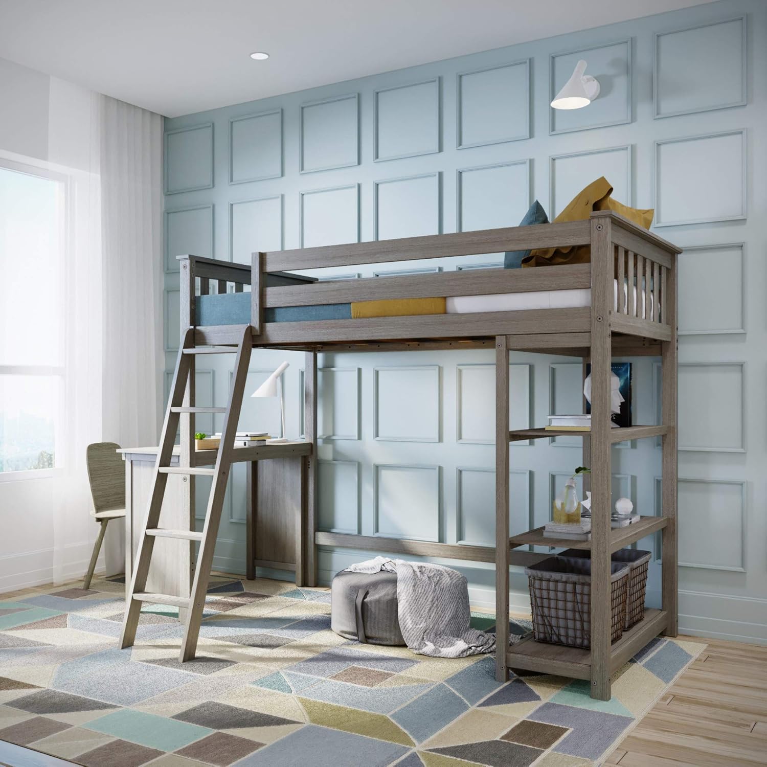 White Solid Wood Twin-Size High Loft Bed with Bookcase and Desk R893