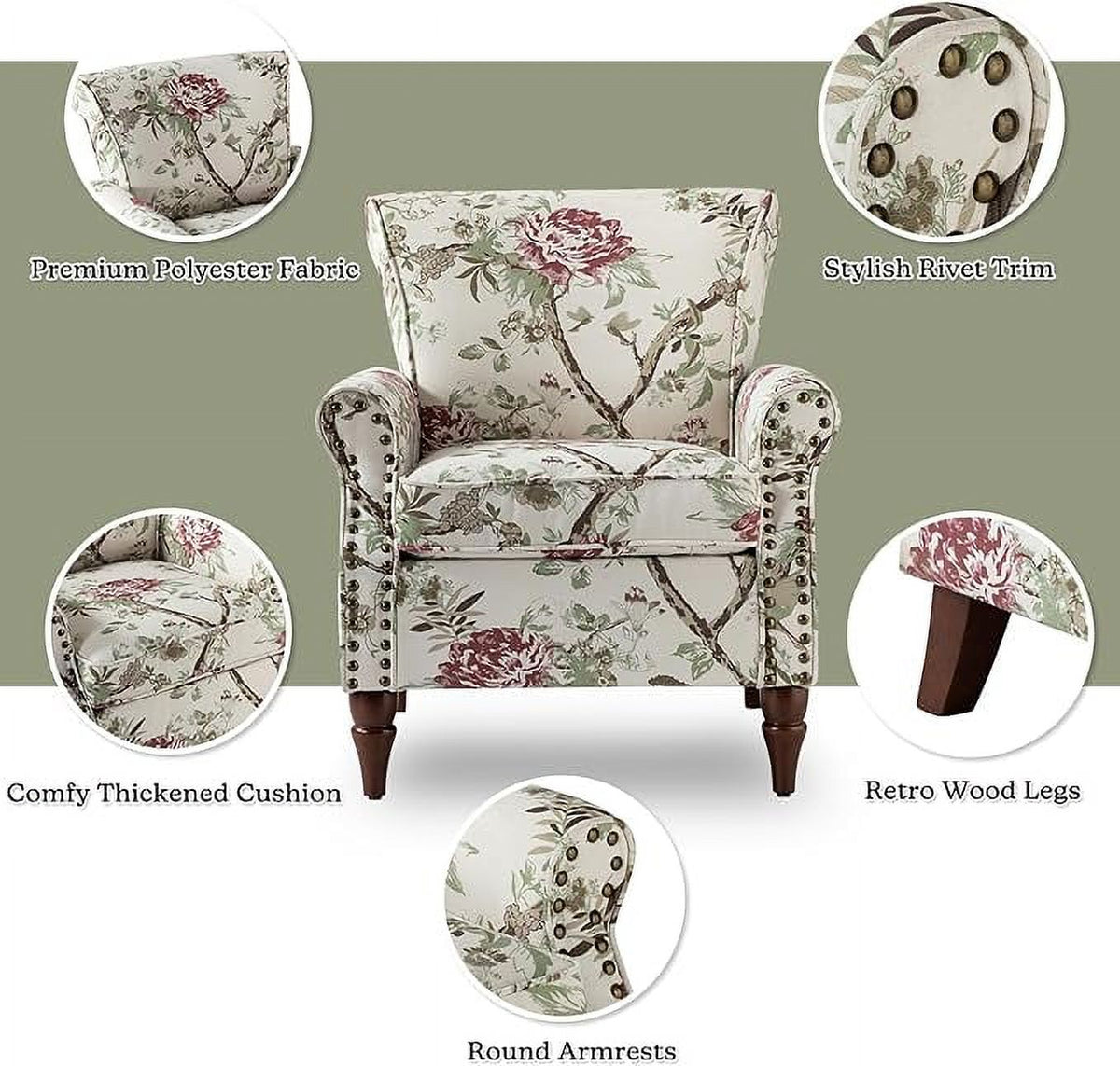 Wooden Upholstered Accent Chair Set of 2 with Removable Cushion Wingback Floral Lounge Sofa Set Nailhead Trim X43018