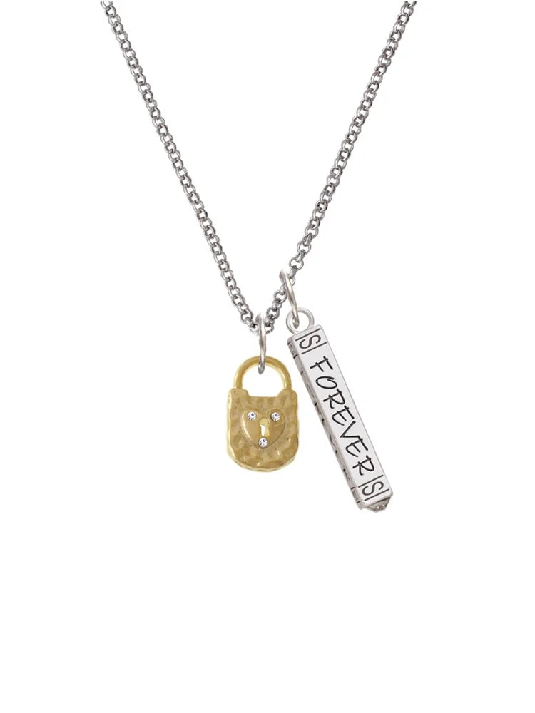 Goldtone Hammered Lock with Heart Crystals Silvertone Bar Charm Necklace, 23" J9947