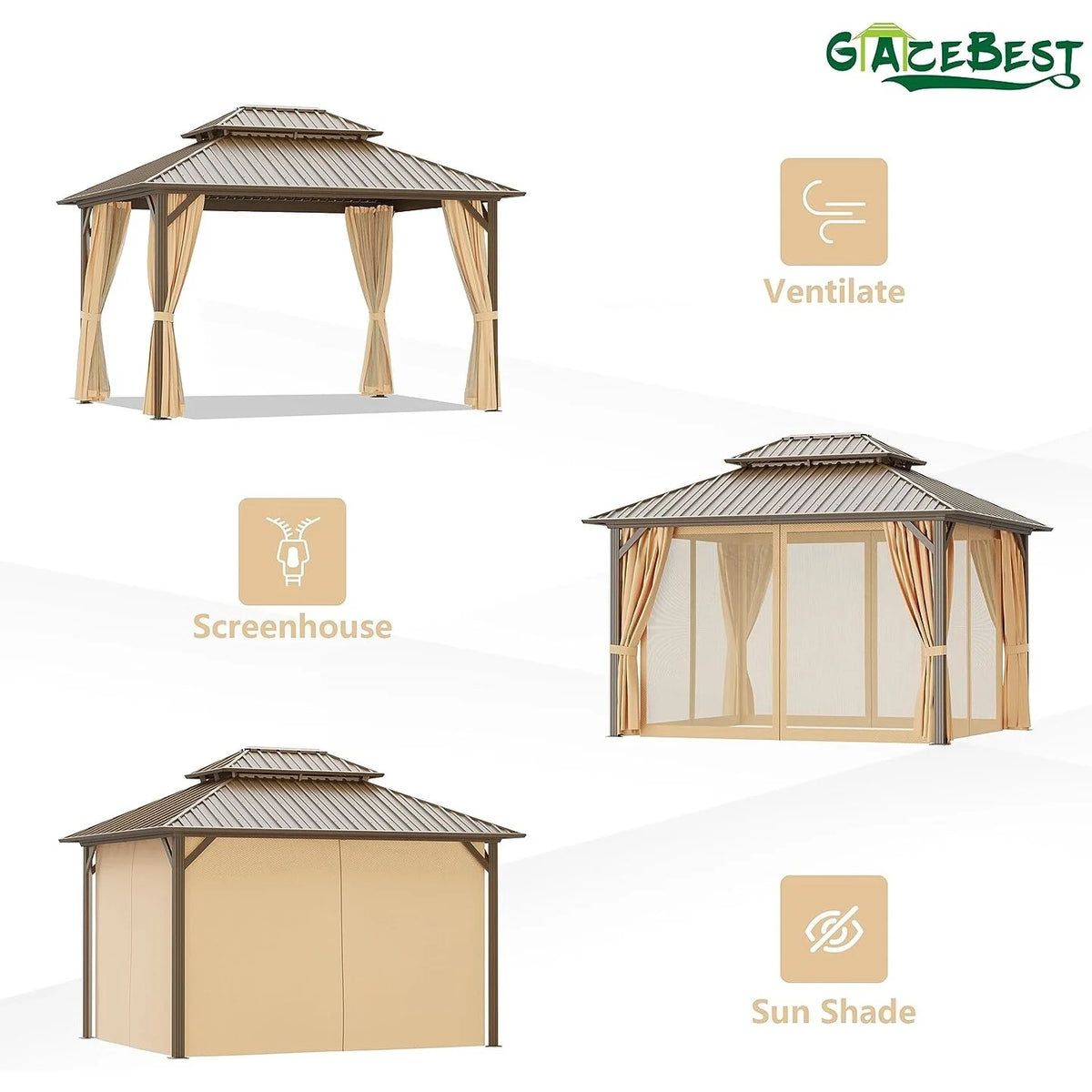 10x10 ft Hardtop Aluminum Patio Gazebo Double Roof Galvanized Steel Canopy D76925