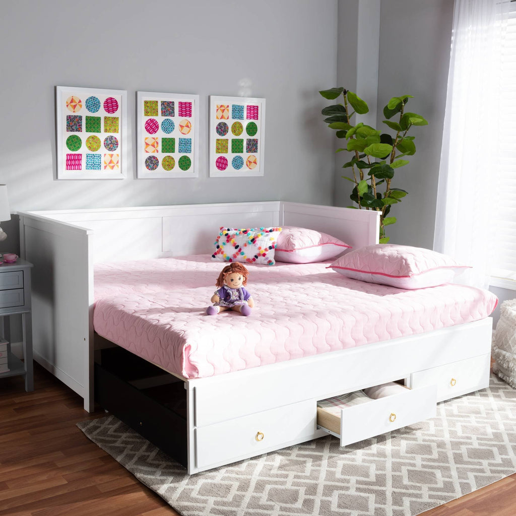 White Finished Wood Expandable Twin Size to King Size Daybed with Storage Drawers I1235