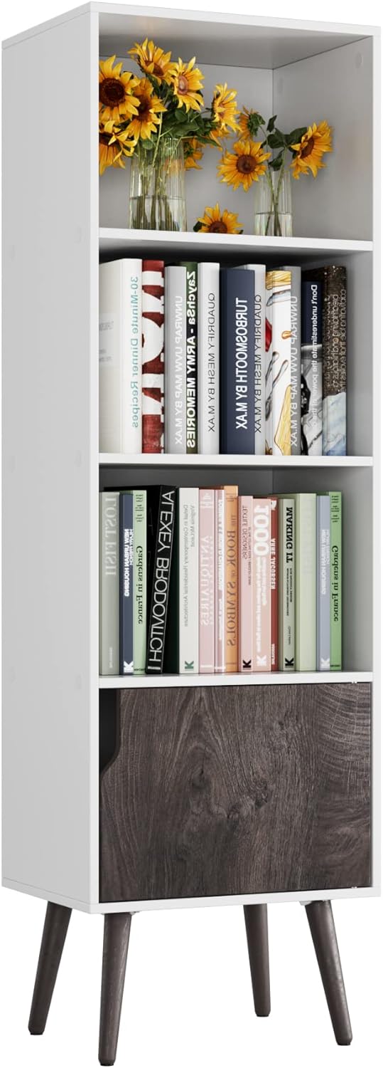 4 Tier Wooden Display Bookshelf, Bathroom Floor Cabinet with 4 Legs, Freestanding Side Corner Storage Cabinet Decor Furniture for Home Office, White/Dark Oak S59454