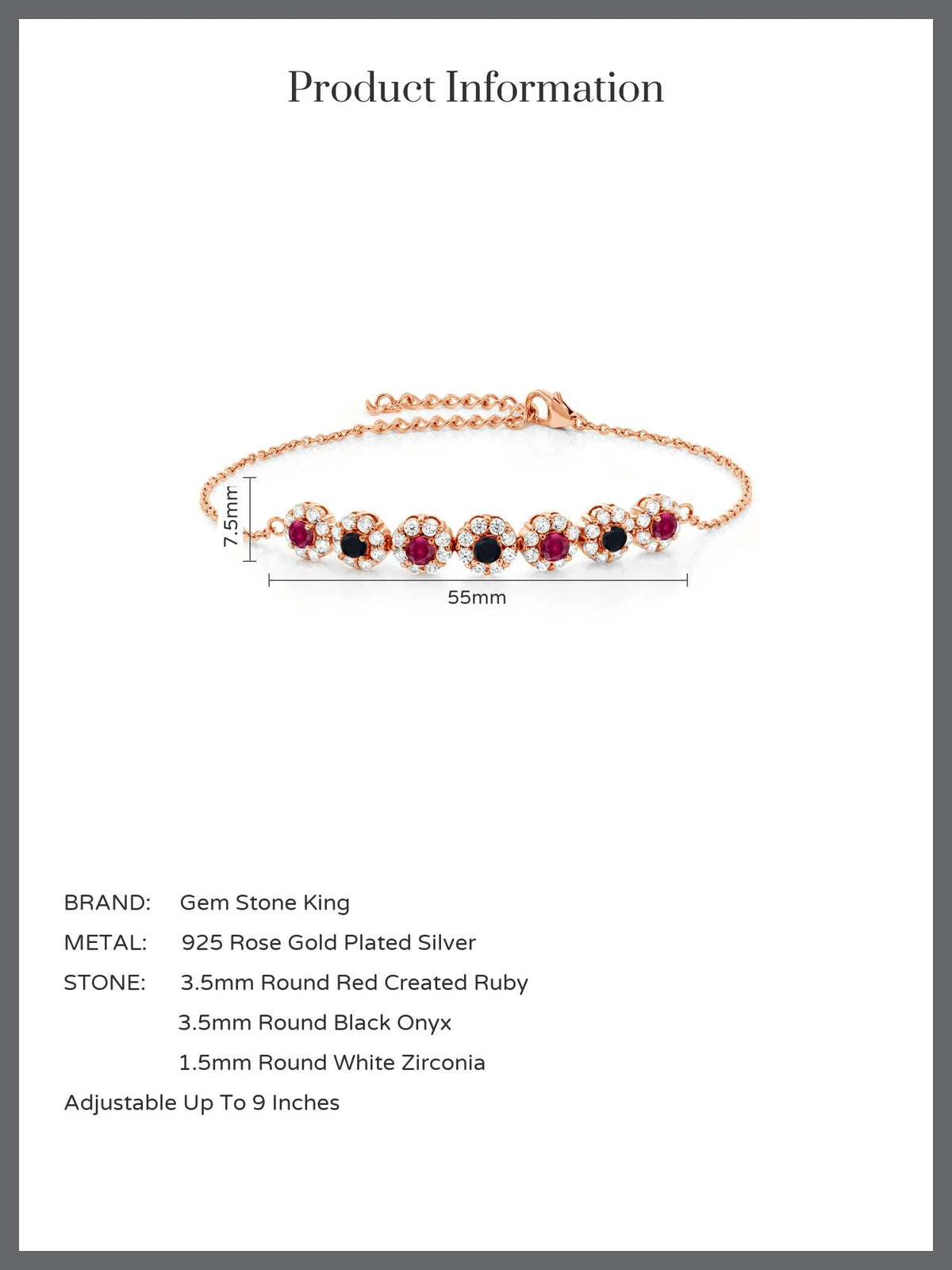 18K Rose Gold Plated Silver Red Created Ruby and Black Onyx Tennis Bracelet E4768
