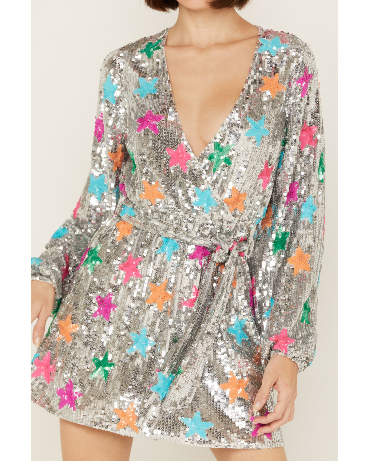 Sequin Long Sleeve Mini Dress Silver Small I282