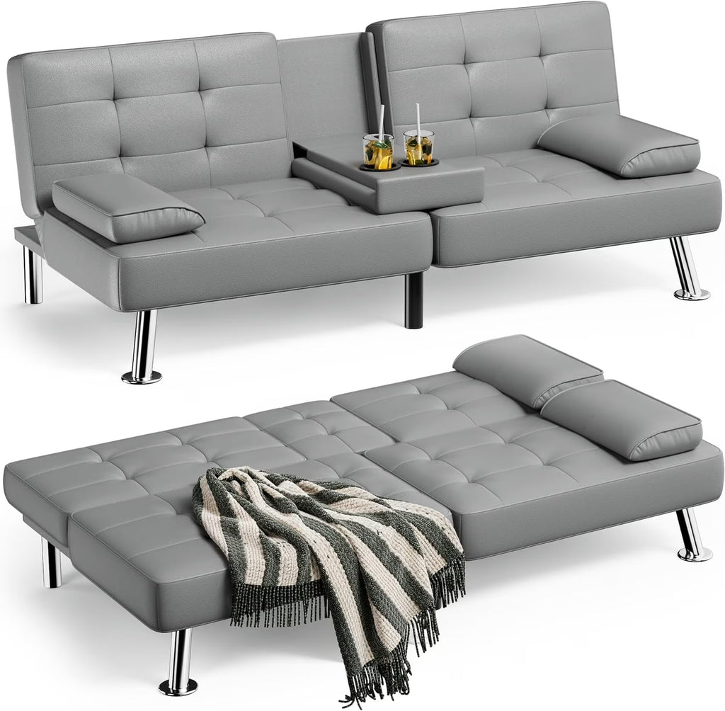 Faux Leather Convertible Folding Futon Sofa Bed with Removable Armrests and 2 Cup Holders V225213