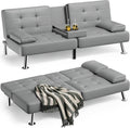 Faux Leather Convertible Folding Futon Sofa Bed with Removable Armrests and 2 Cup Holders V225213