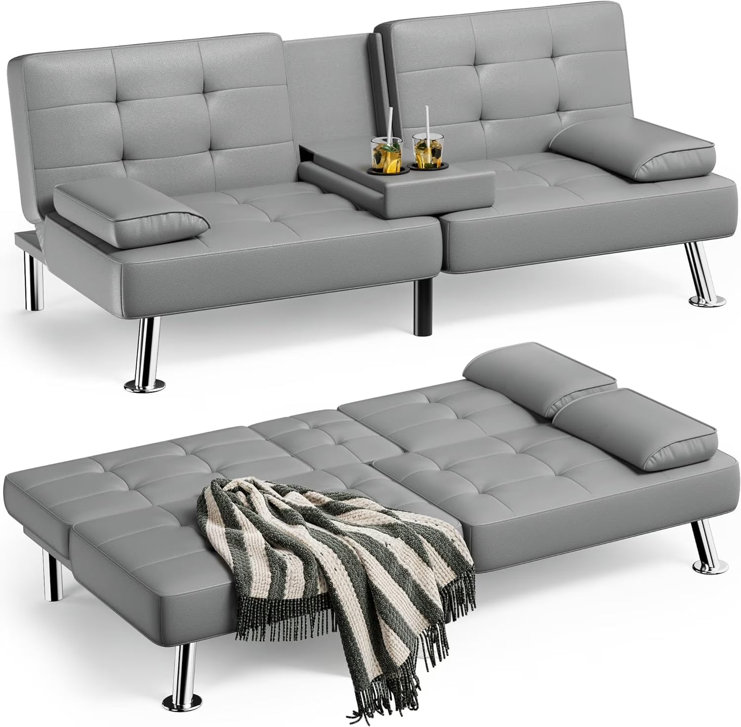 Faux Leather Convertible Folding Futon Sofa Bed with Removable Armrests and 2 Cup Holders V225213