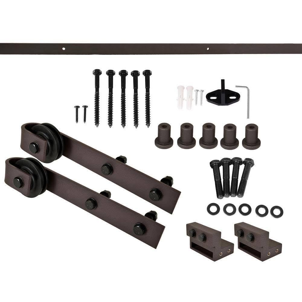 Distressed Mini x Walnut Stained Solid Knotty Pine Wood Interior Sliding Barn Door with Hardware Kit S176030