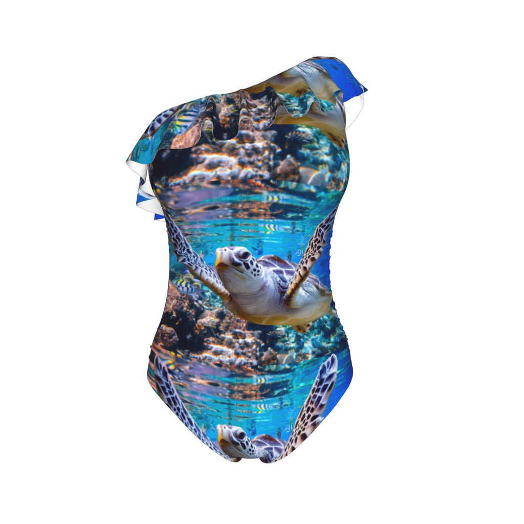 Sea Turtle One Shoulder Ruffle Monokini Bathing Suits with Removable Chest Pad G92881