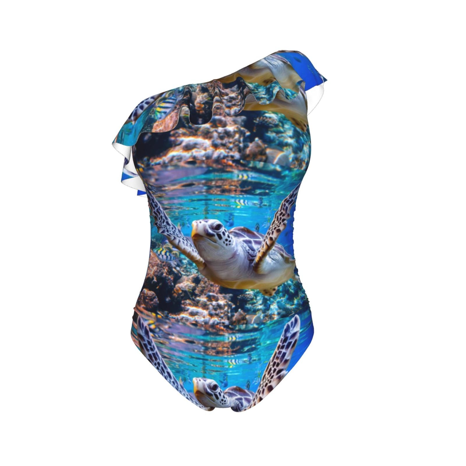 Sea Turtle One Shoulder Ruffle Monokini Bathing Suits with Removable Chest Pad G92881