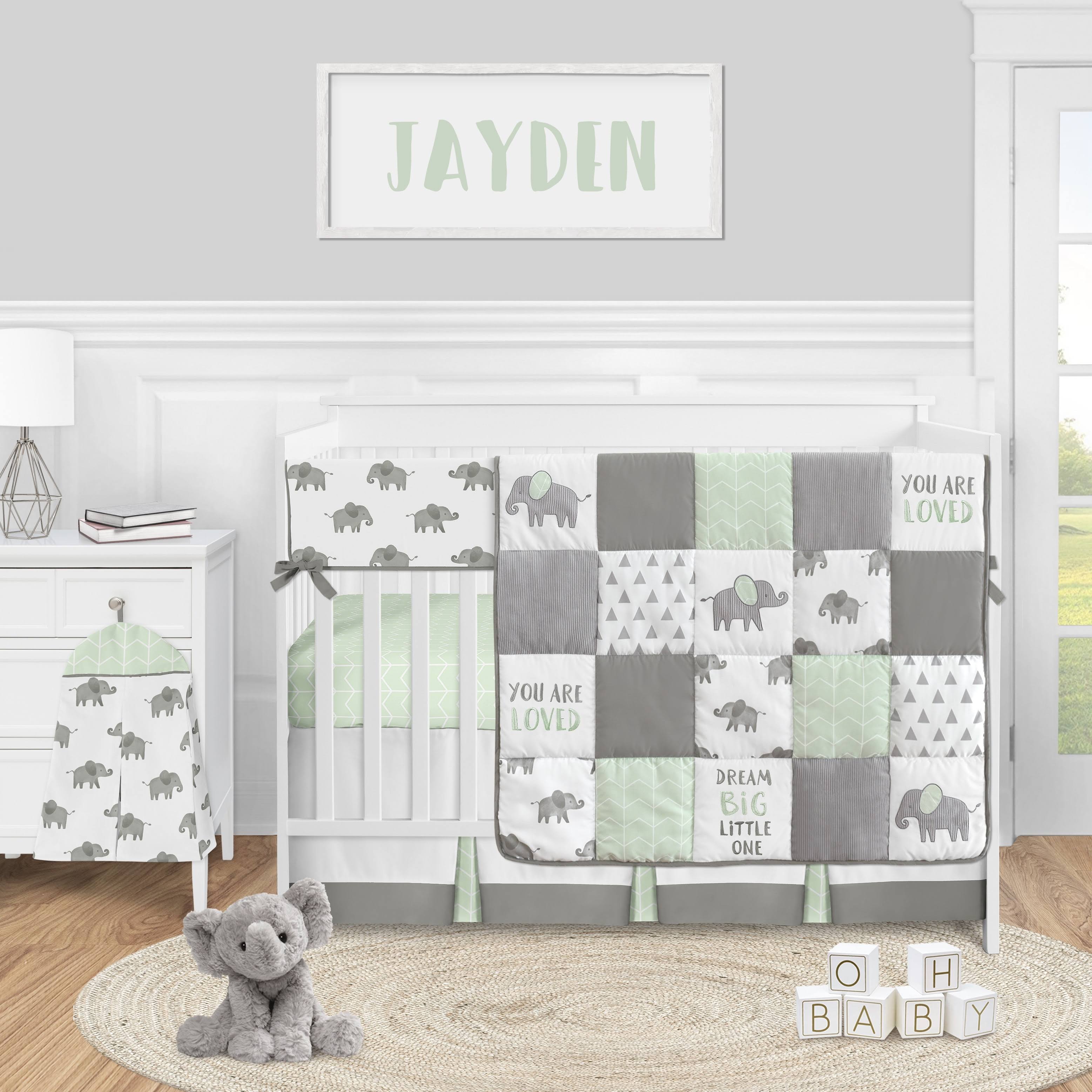Mint Elephant Safari Crib Bedding Set - 5 Pieces - Green Grey and White Watercolor I18690