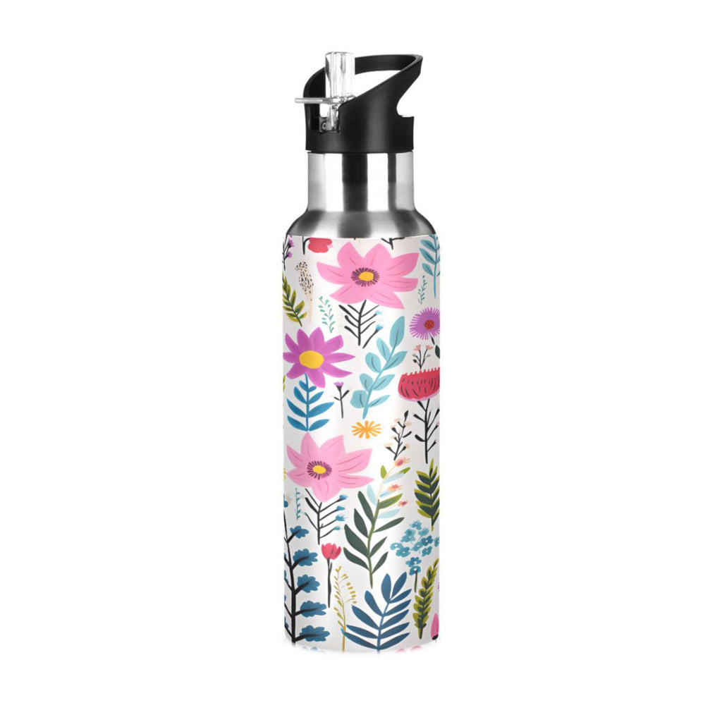 Pink Blue Flowers Stainless Steel Insulated Water Bottle with Straw Lid G1799