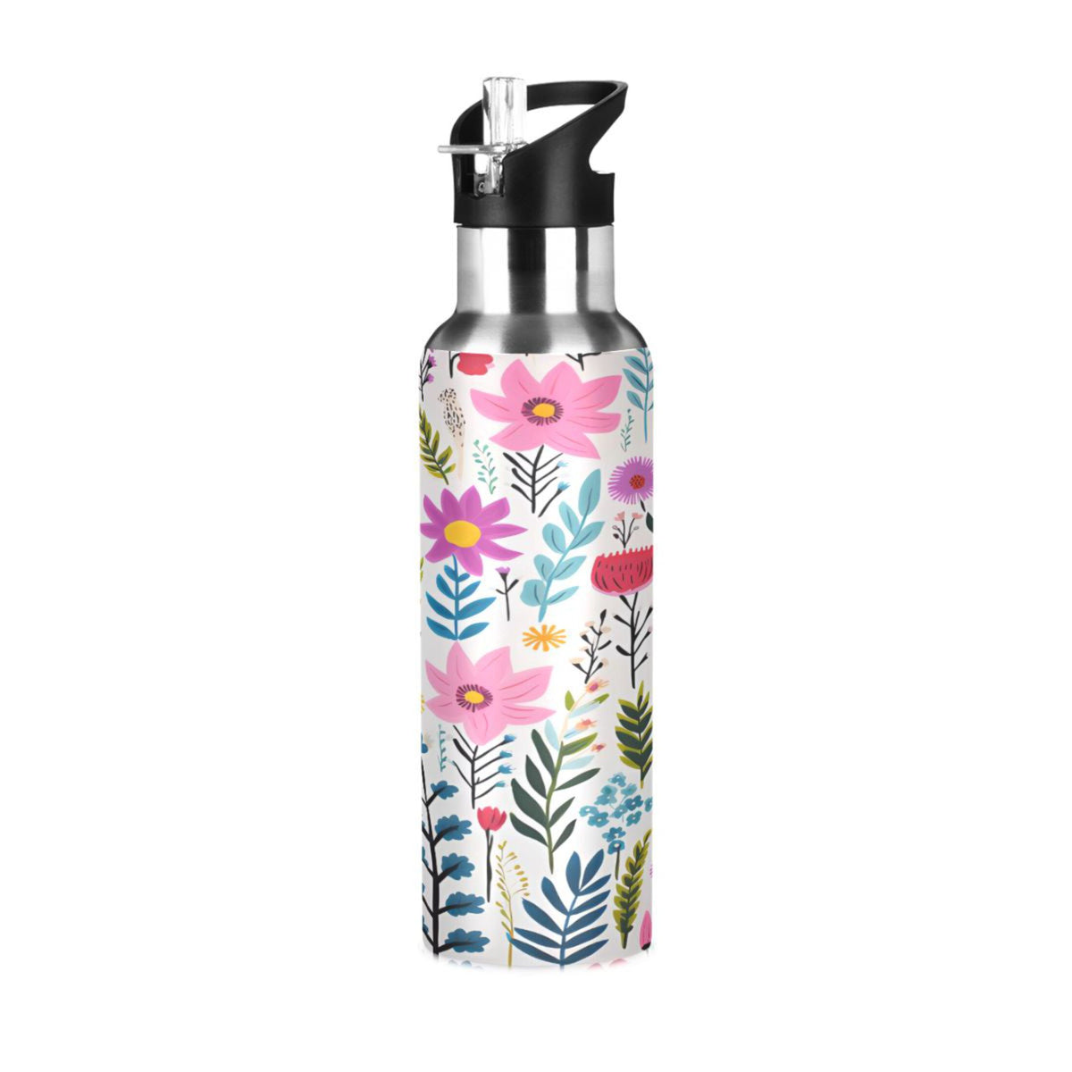 Pink Blue Flowers Stainless Steel Insulated Water Bottle with Straw Lid G1799