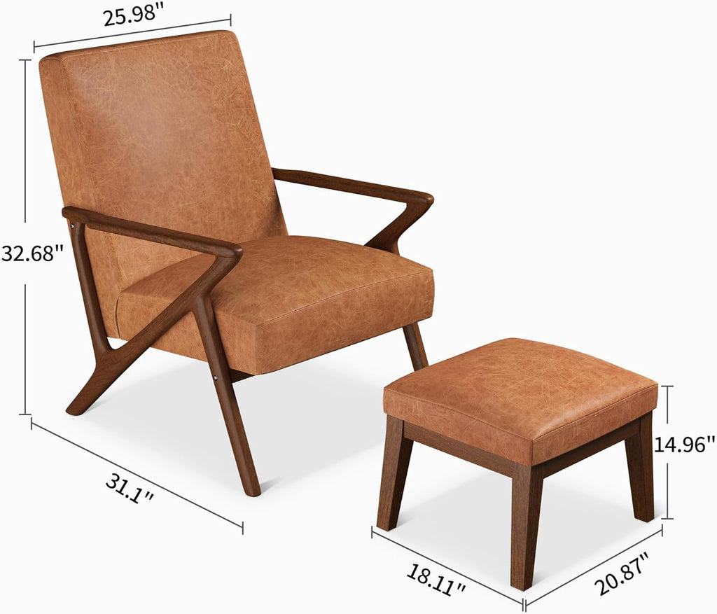 Brown Leather Accent Chair with Ottoman Solid Wood Armchair G108410