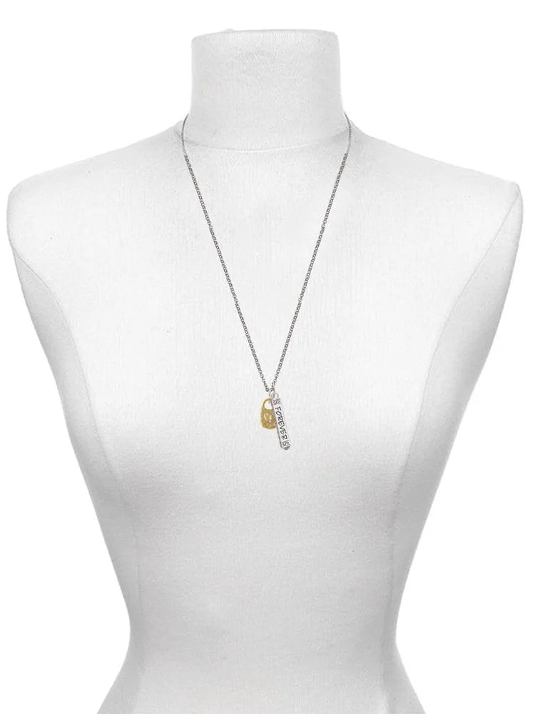 Goldtone Hammered Lock with Heart Crystals Silvertone Bar Charm Necklace, 23" J9947