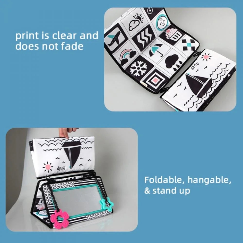 Tummy Time Floor Mirror with Crinkle Cloth Book and Teethers, High Contrast Black and White Baby Toys R281490