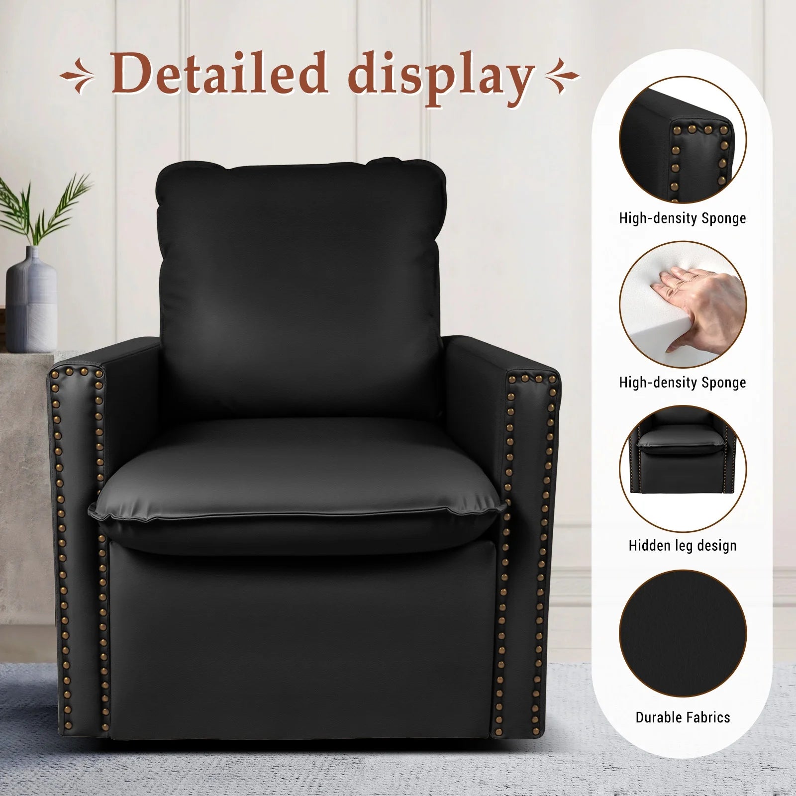 Black Faux Leather Swivel Accent Chair with Cushion U463629