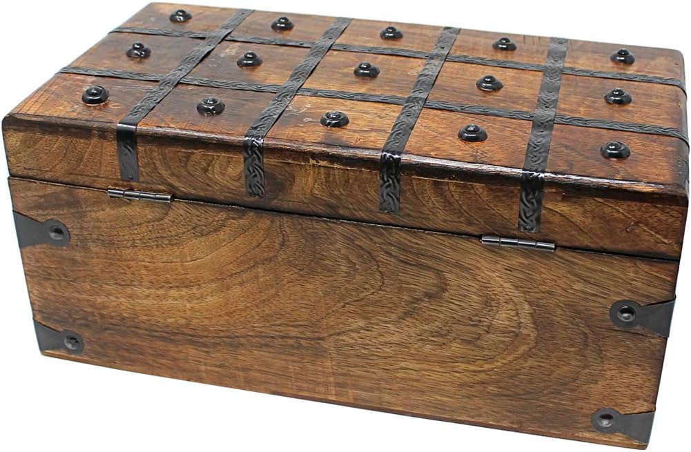 Treasure Chest Wooden Box with Antique Iron Lock and Skeleton Key W375
