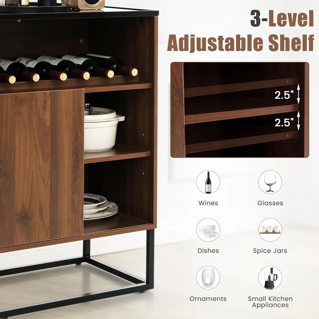 Wine Cabinet Sideboard Buffet Cabinet with Tempered Glass Top Sliding Door Freestanding Wine Rack Table I7136
