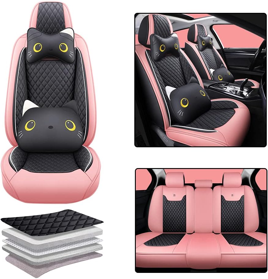 Pink-Black PU Leather Car Seat Covers Full Set 5 Seat A23132