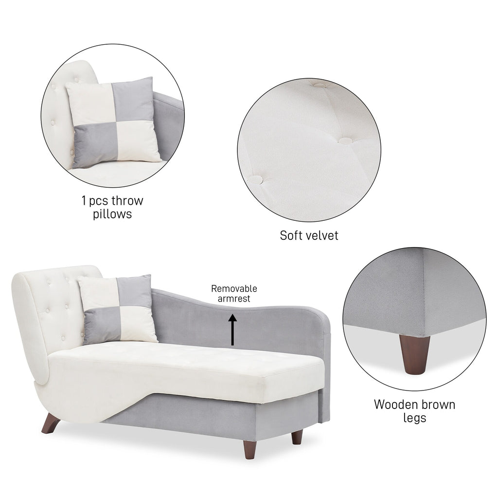 White Upholstered Storage Chaise Lounge Chair with Left Armrest & Lumbar Pillow H103