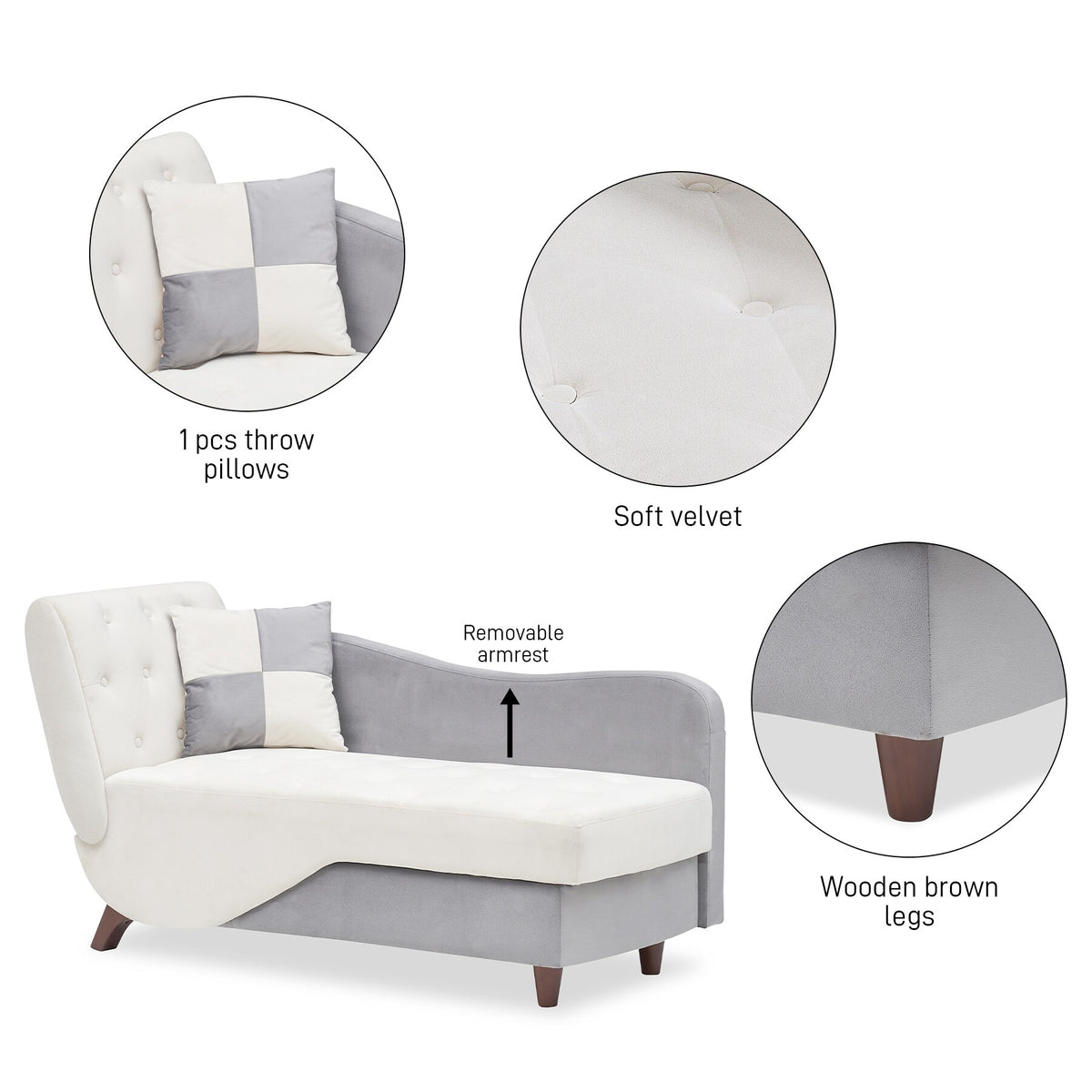 White Upholstered Storage Chaise Lounge Chair with Left Armrest & Lumbar Pillow H103