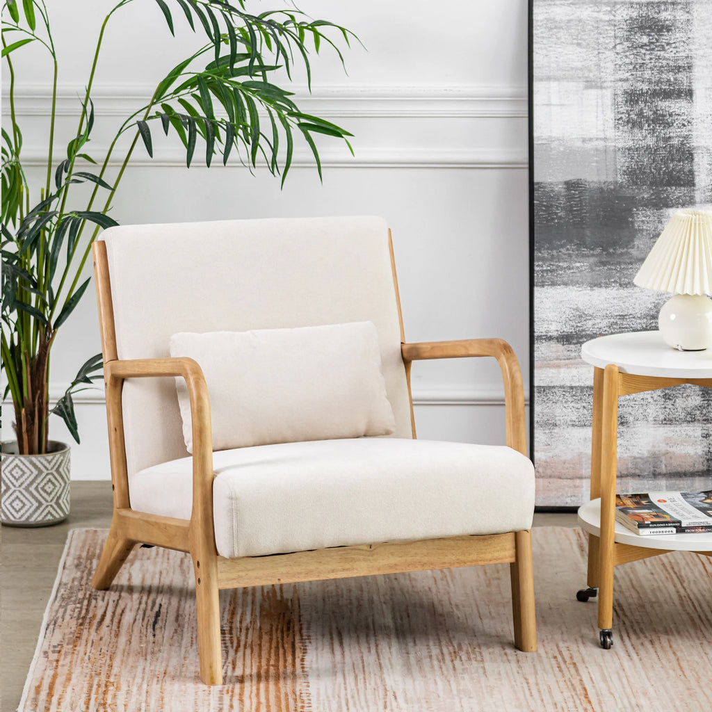 Beige Linen Upholstered Accent Armchair with Solid Wood Frame and Pillow F649861