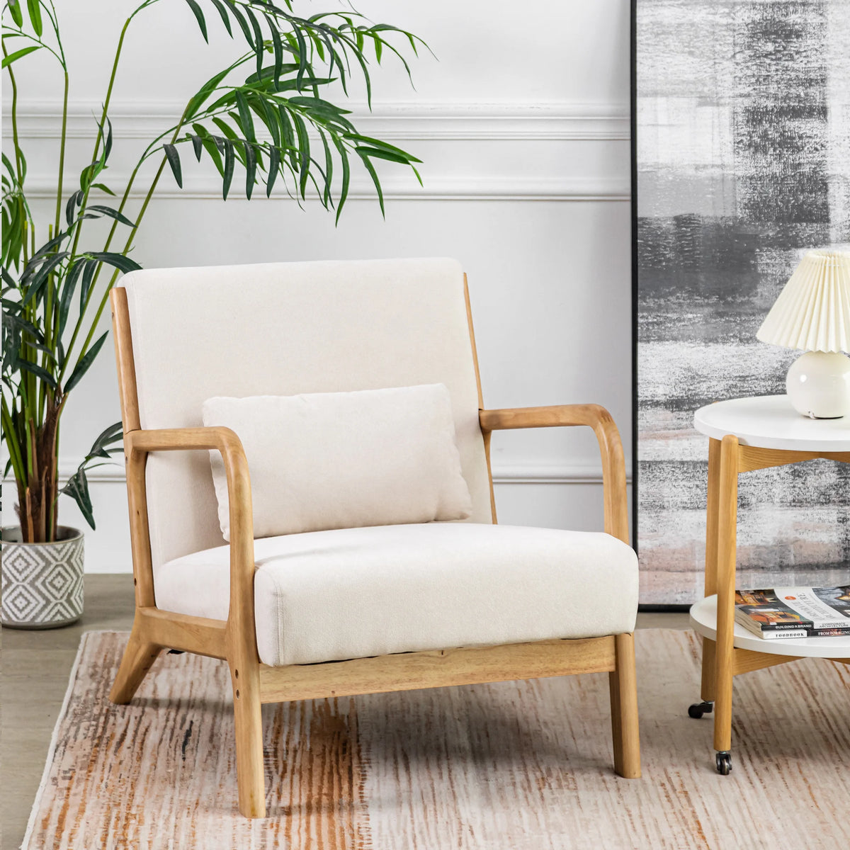 Beige Linen Upholstered Accent Armchair with Solid Wood Frame and Pillow F649861