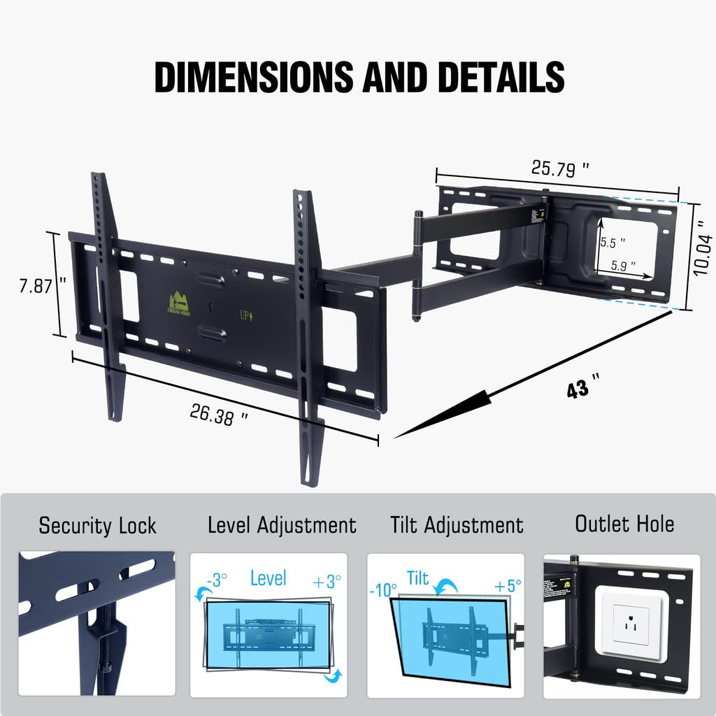 Full Motion TV Wall Mount Bracket, Fits 37-82" TVs, Holds 110lbs A571