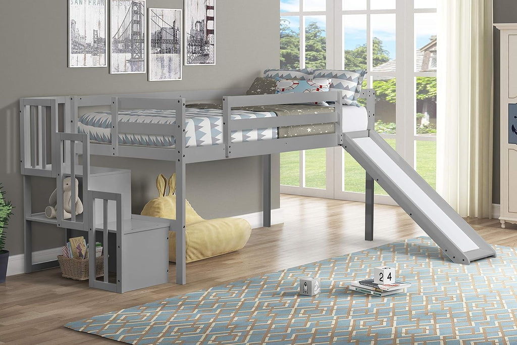 Solid Wood Loft Bed with Slide, Stair Case, Storage Shelf (Grey) B68333