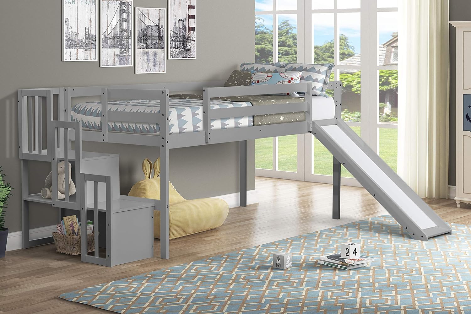 Solid Wood Loft Bed with Slide, Stair Case, Storage Shelf (Grey) B68333