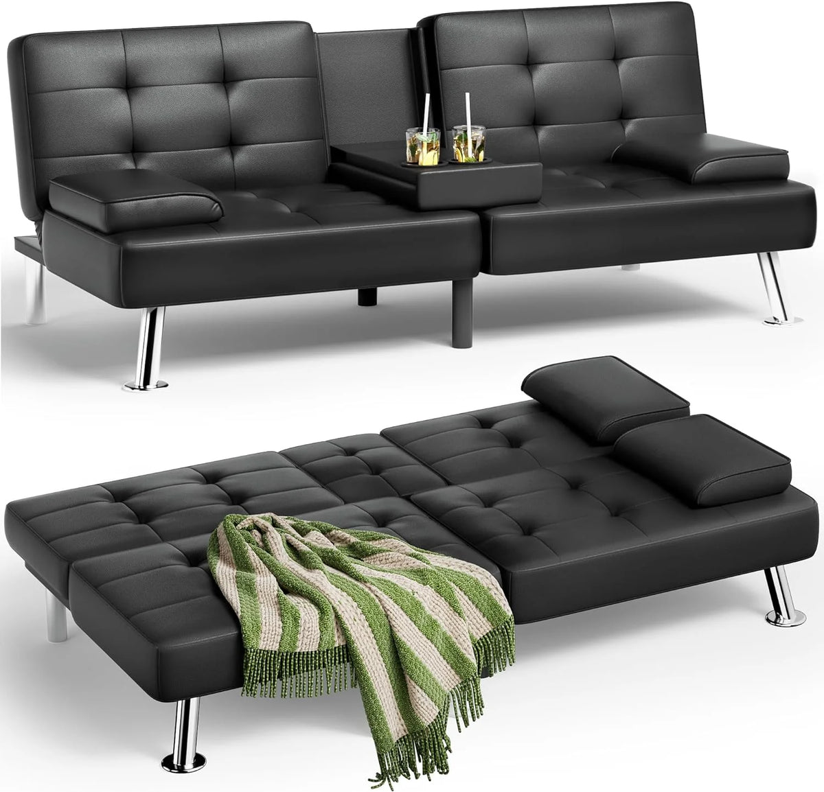 Faux Leather Convertible Folding Futon Sofa Bed with Removable Armrests and 2 Cup Holders V225213