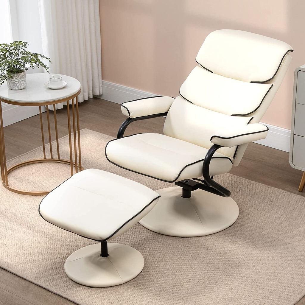 Cream White PU Leather Swivel Recliner Chair with Ottoman P73462