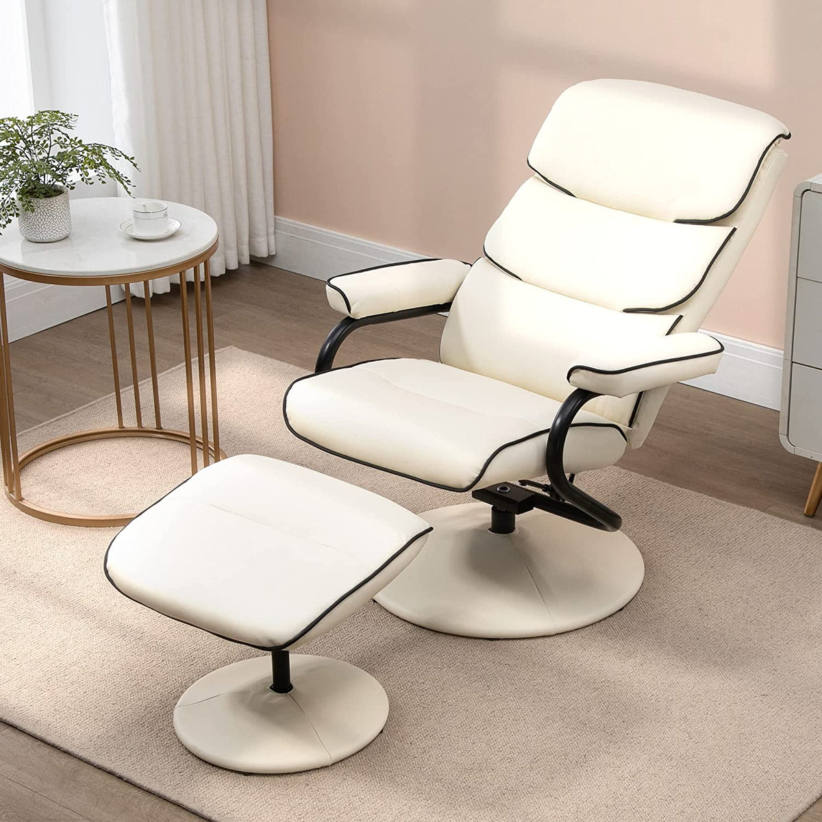 Cream White PU Leather Swivel Recliner Chair with Ottoman P73462