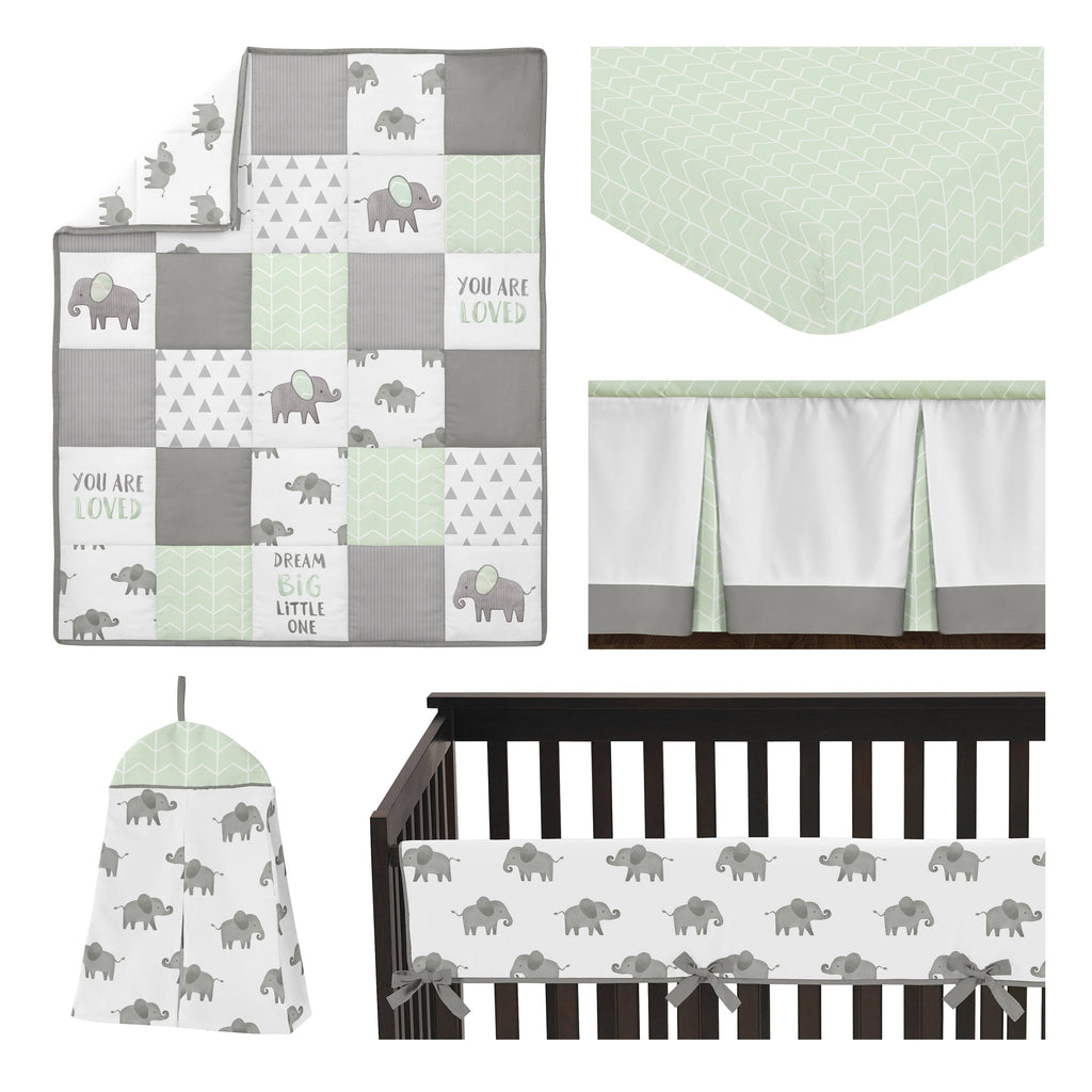 Mint Elephant Safari Crib Bedding Set - 5 Pieces - Green Grey and White Watercolor I18690