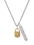 Goldtone Hammered Lock with Heart Crystals Silvertone Bar Charm Necklace, 23" J9947