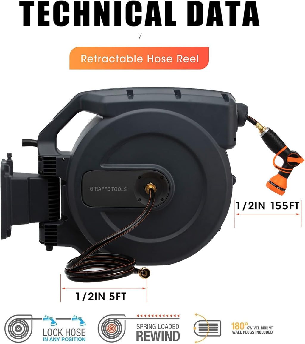 Retractable Wall Mounted Garden Hose Reel 1/2" x 155+5 ft O2562