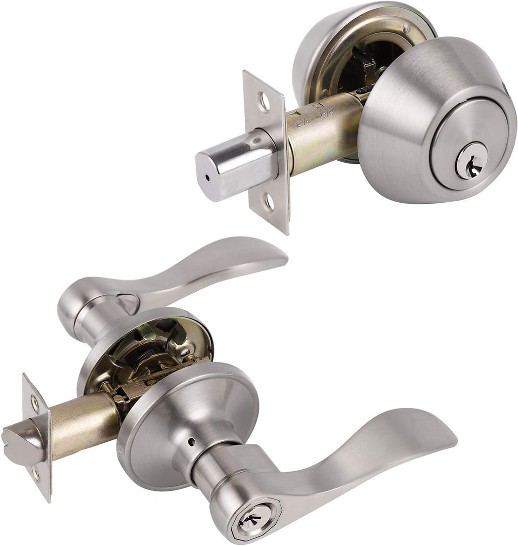 Satin Nickel Entry Lever and Double Cylinder Deadbolt Combo Pack W5824