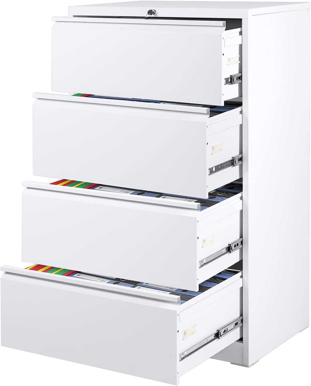 White Metal 4 Drawer Lateral Filing Cabinet with Lock R85102