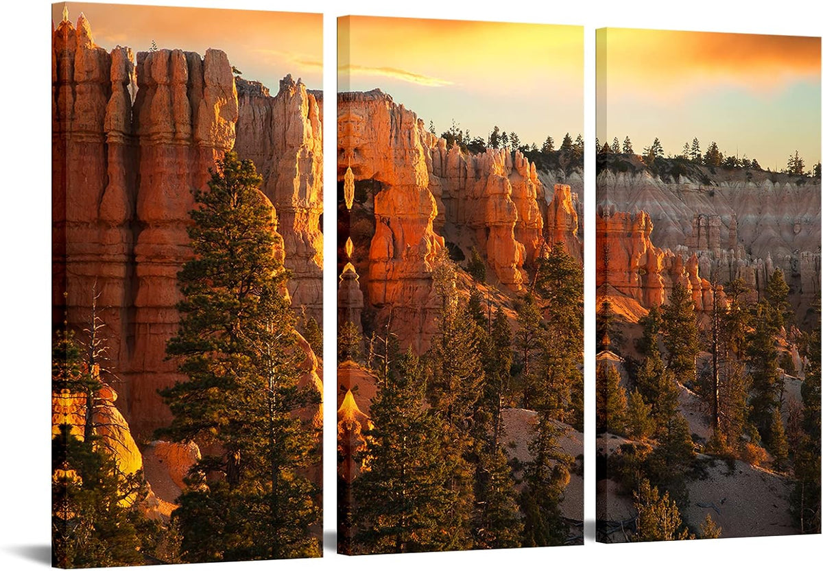 Large 3 Piece Canvas Wall Art Sunset at Grand Canyon National Park Panoramic Landscape Artwork Ready to Hang 16x32x3 W341