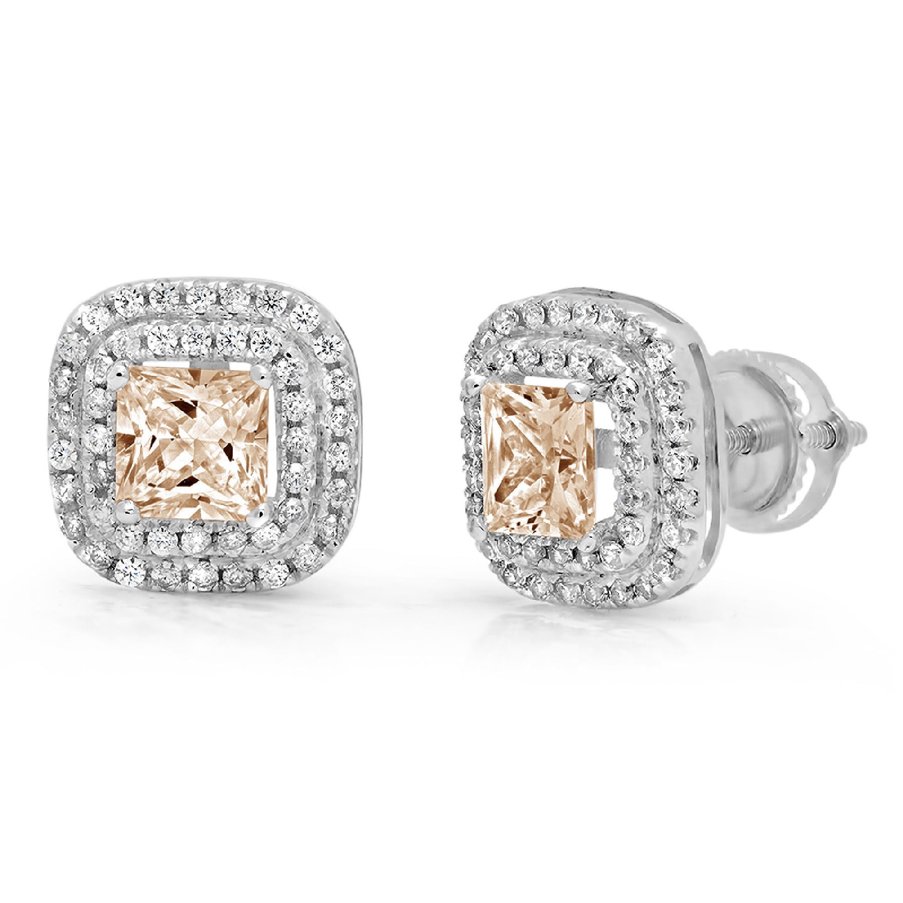 Champagne Simulated Diamond Princess Cut Halo Stud Earrings Screw Back O378