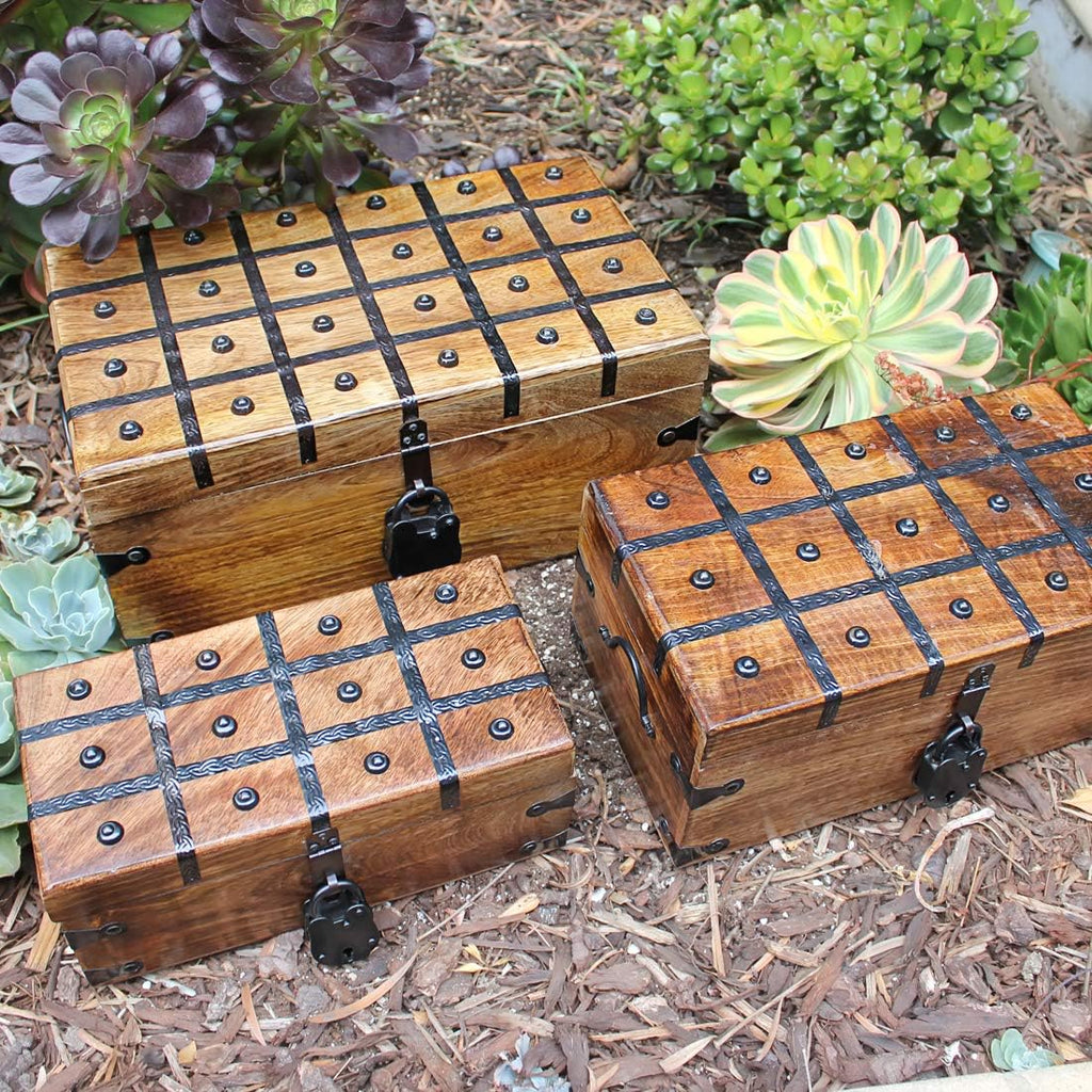 Treasure Chest Wooden Box with Antique Iron Lock and Skeleton Key W375