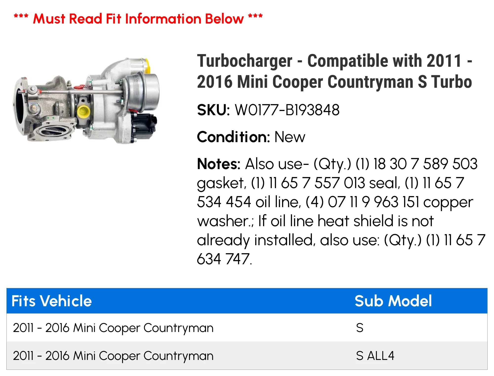 Turbocharger for 2011-2016 Mini Cooper Countryman S L363973