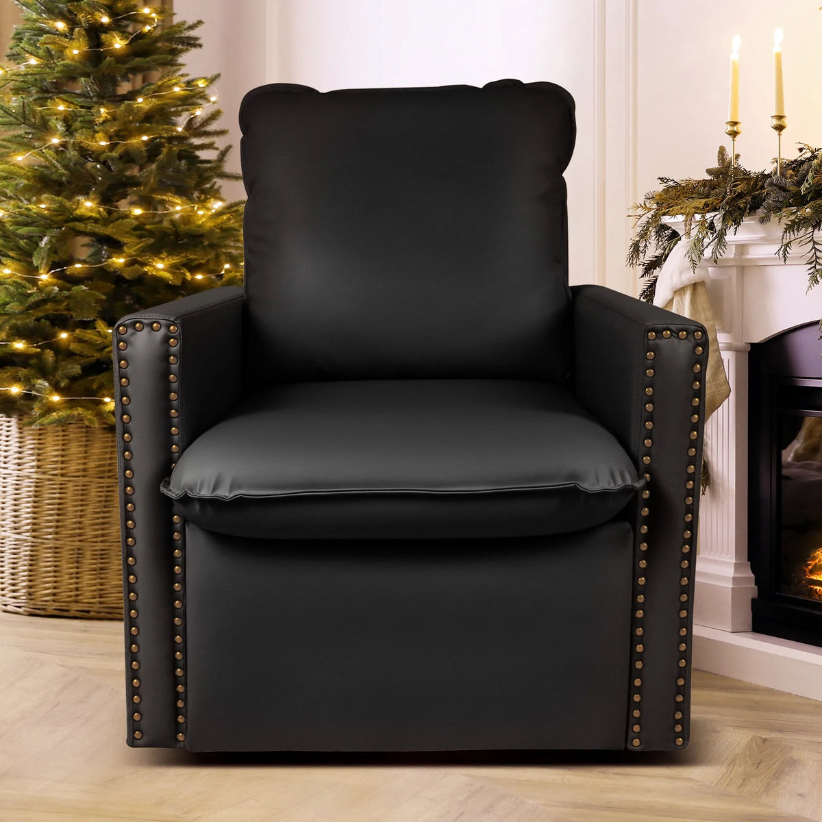 Black Faux Leather Swivel Accent Chair with Cushion U463629