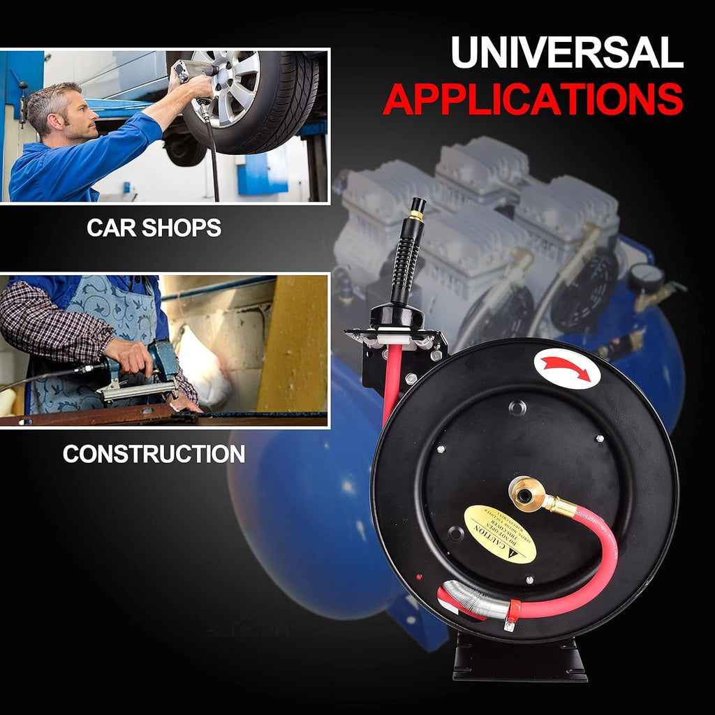 Retractable 3/8 in x 25 ft Air Hose Reel, Wall Mount, 300 PSI Hybrid Hose, Pack of 2 T13611